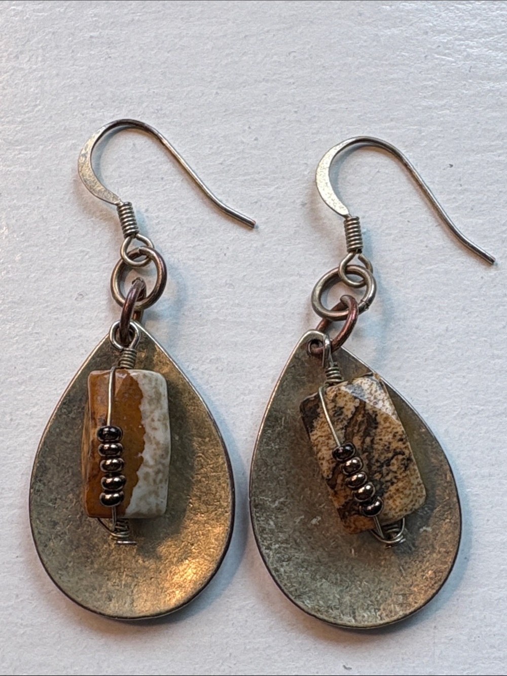 Jasper Stone Mixed Media Tear Drop Dangle Earrings